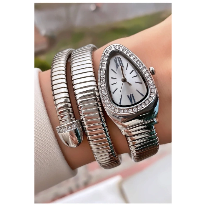 Gümüş Renk Beyaz Kadran Yılan Saat Dolamalı Saat