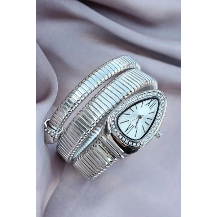 Gümüş Renk Beyaz Kadran Yılan Saat Dolamalı Saat