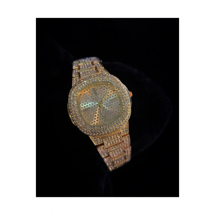 Altın Renk Taş Kaplama Oval Kasa Tasarım Kadın Kol Saati