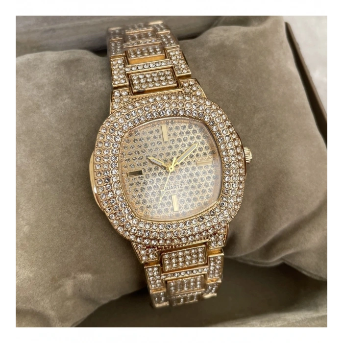 Altın Renk Taş Kaplama Oval Kasa Tasarım Kadın Kol Saati