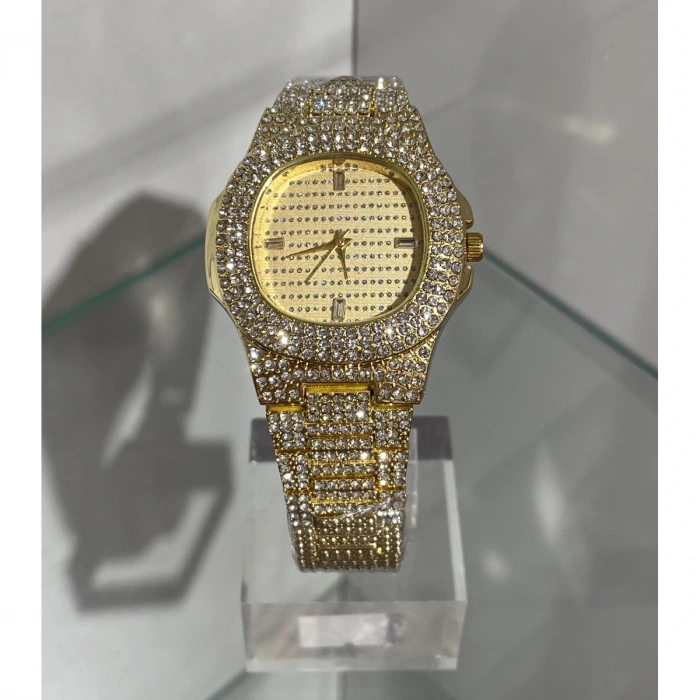 Altın Renk Taş Kaplama Oval Kasa Tasarım Kadın Kol Saati