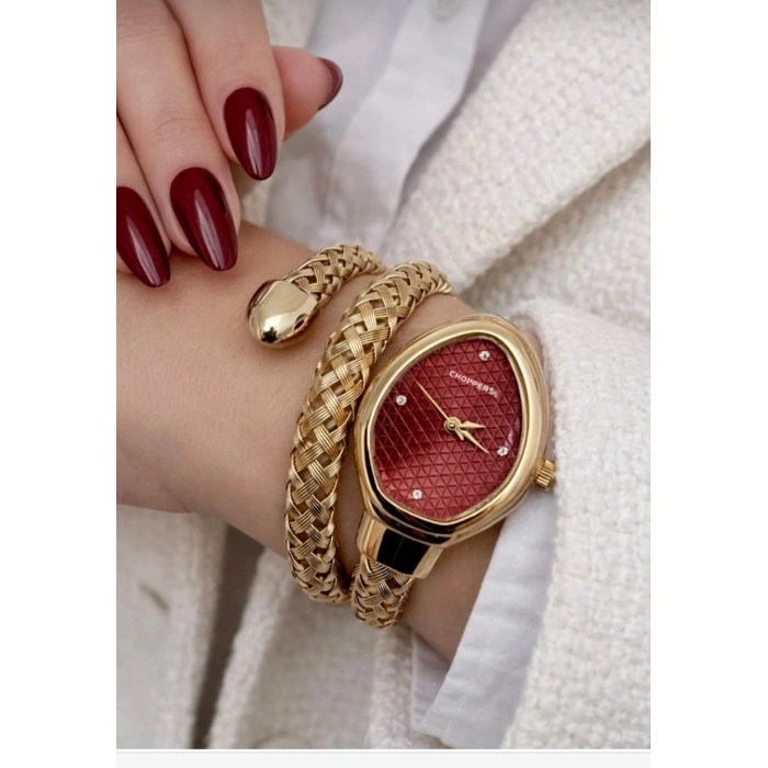 Kadın Bileklik Saat Altın Renk Örgü Kordon – Bordo Kadran Oval Kasa Şık Kadın Saati