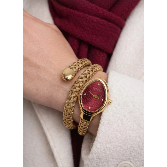 Kadın Bileklik Saat Altın Renk Örgü Kordon – Bordo Kadran Oval Kasa Şık Kadın Saati
