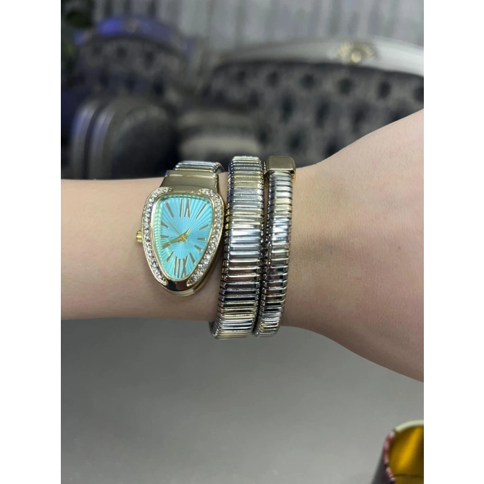 Kadın Altın & Gümüş Renk Detaylı Turkuaz Kadran Taşlı Bilezik Saat
