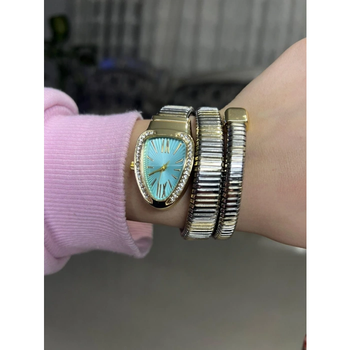 Kadın Altın & Gümüş Renk Detaylı Turkuaz Kadran Taşlı Bilezik Saat