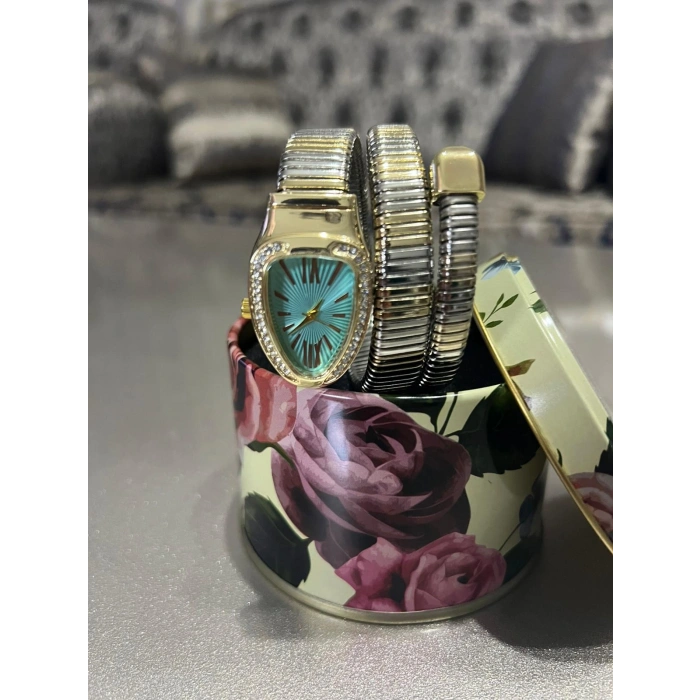 Kadın Altın & Gümüş Renk Detaylı Turkuaz Kadran Taşlı Bilezik Saat