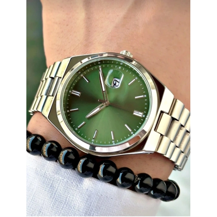 ANALOG QUARTZ MAKİNA GÜMÜŞ ÇELİK KORDON YEŞİL KADRAN ERKEK KOL SAATİ