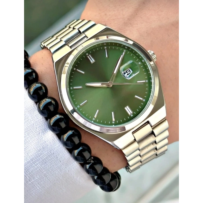 ANALOG QUARTZ MAKİNA GÜMÜŞ ÇELİK KORDON YEŞİL KADRAN ERKEK KOL SAATİ