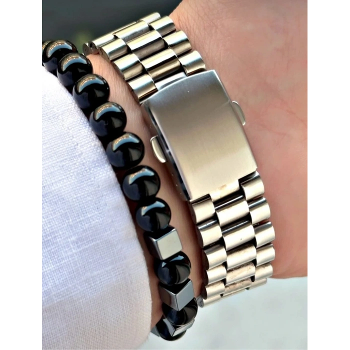 ANALOG QUARTZ MAKİNA GÜMÜŞ ÇELİK KORDON YEŞİL KADRAN ERKEK KOL SAATİ