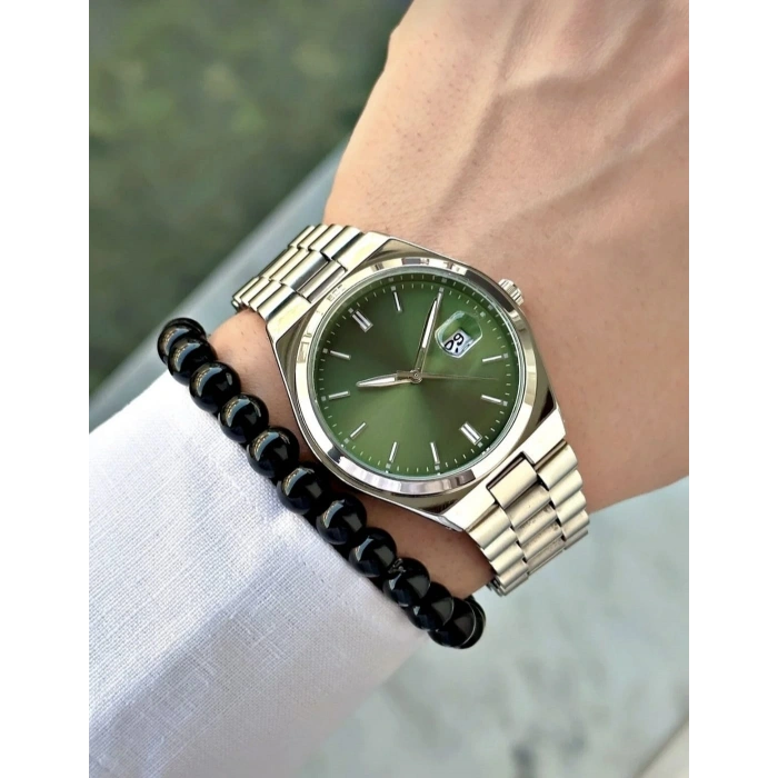 ANALOG QUARTZ MAKİNA GÜMÜŞ ÇELİK KORDON YEŞİL KADRAN ERKEK KOL SAATİ