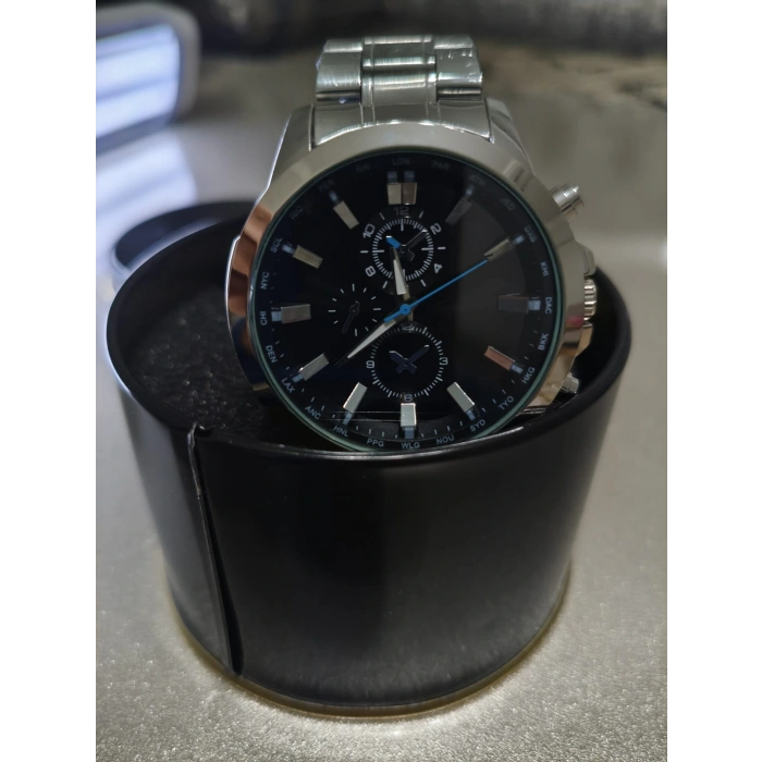 Erkek Saat Çelik Kordon Kronograf Tasarım Siyah kadran Quartz Kol Saati