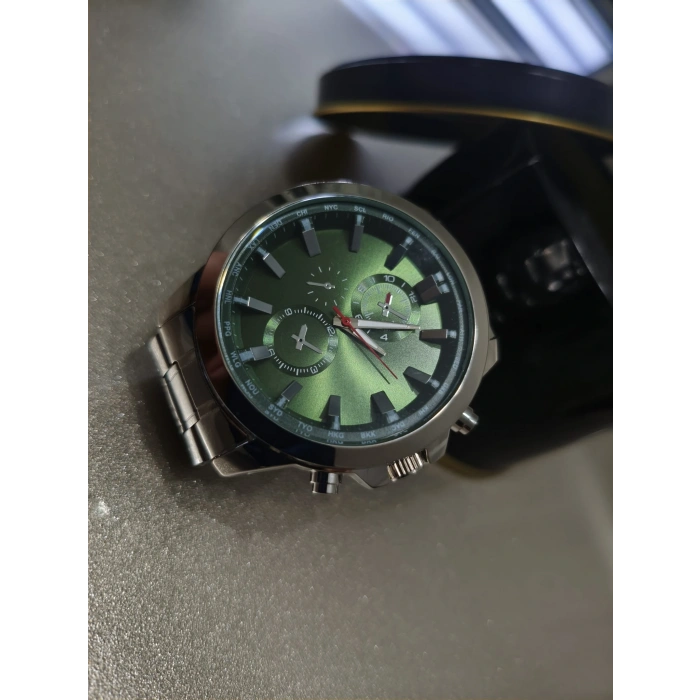 Erkek Saat Çelik Kordon Kronograf Tasarım Yeşil kadran Quartz Kol Saati