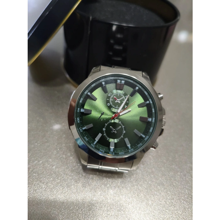 Erkek Saat Çelik Kordon Kronograf Tasarım Yeşil kadran Quartz Kol Saati