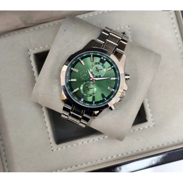 Erkek Saat Çelik Kordon Kronograf Tasarım Yeşil kadran Quartz Kol Saati
