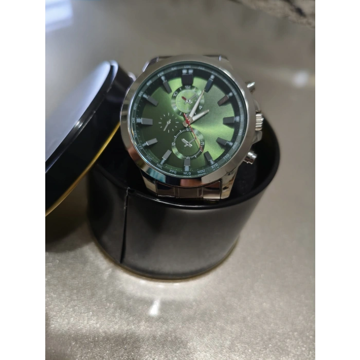 Erkek Saat Çelik Kordon Kronograf Tasarım Yeşil kadran Quartz Kol Saati