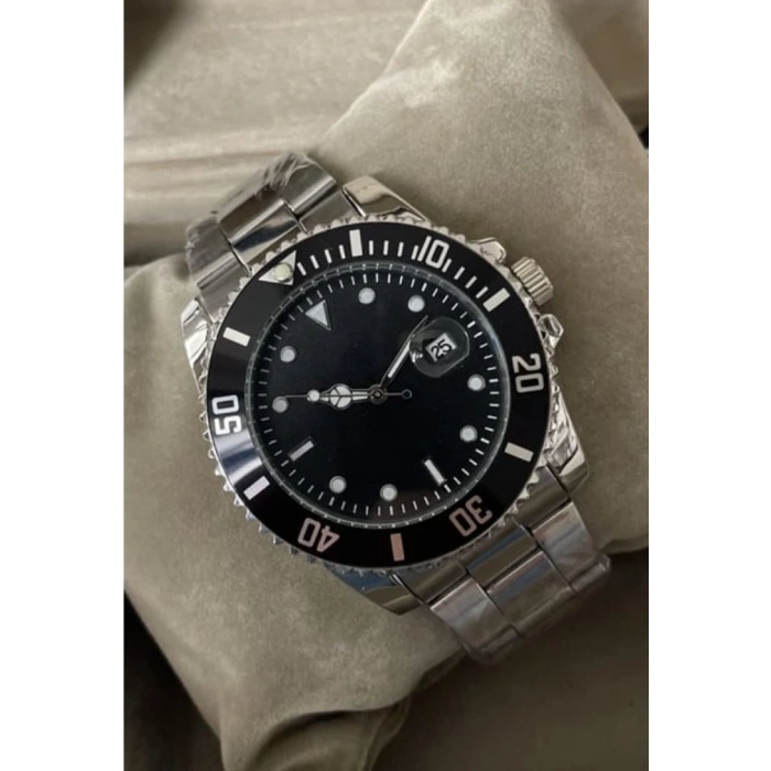 Gümüş Çelik Kordon Erkek Kol Saati Takvimli Siyah Kadran Özel kutusunda