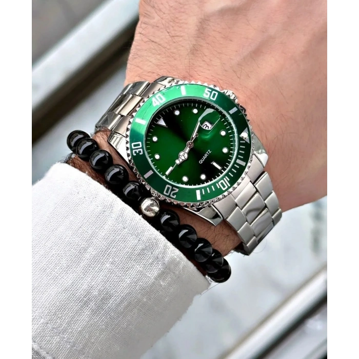 Gümüş Çelik Kordon Erkek Kol Saati Takvimli Yeşil Kadran Özel Kutusunda