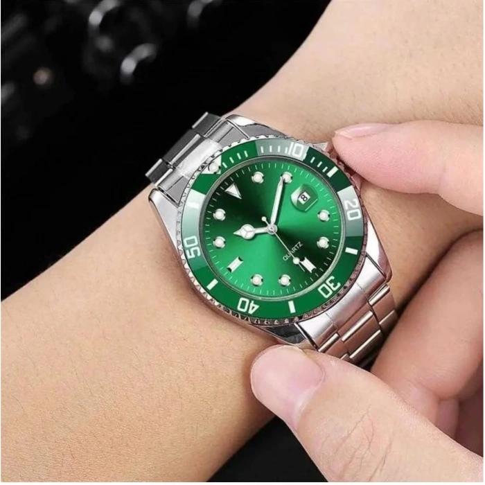 Gümüş Çelik Kordon Erkek Kol Saati Takvimli Yeşil Kadran Özel Kutusunda