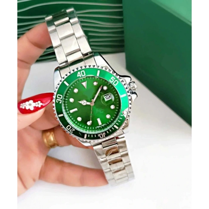 Gümüş Çelik Kordon Erkek Kol Saati Takvimli Yeşil Kadran Özel Kutusunda