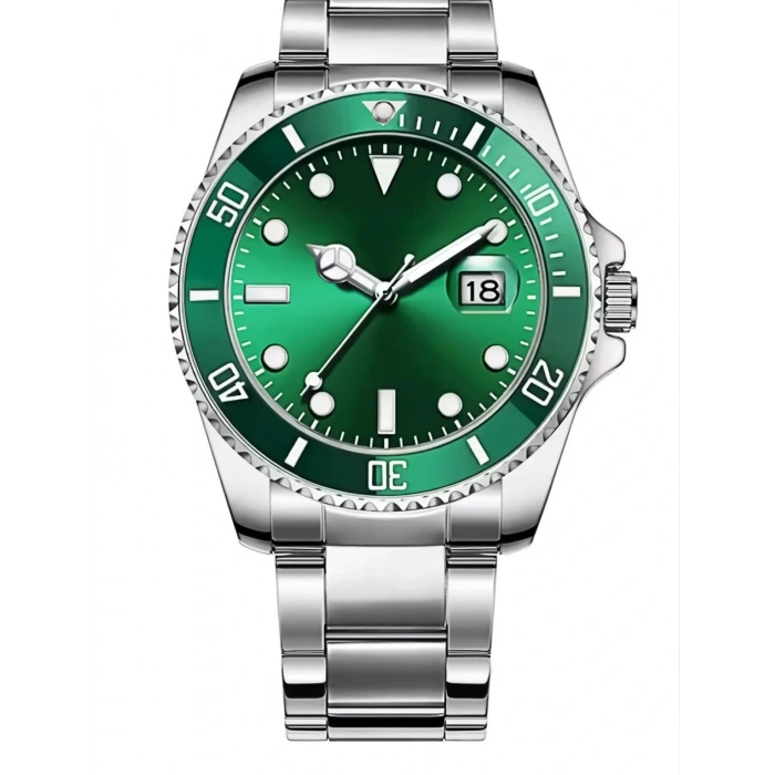 Gümüş Çelik Kordon Erkek Kol Saati Takvimli Yeşil Kadran Özel Kutusunda