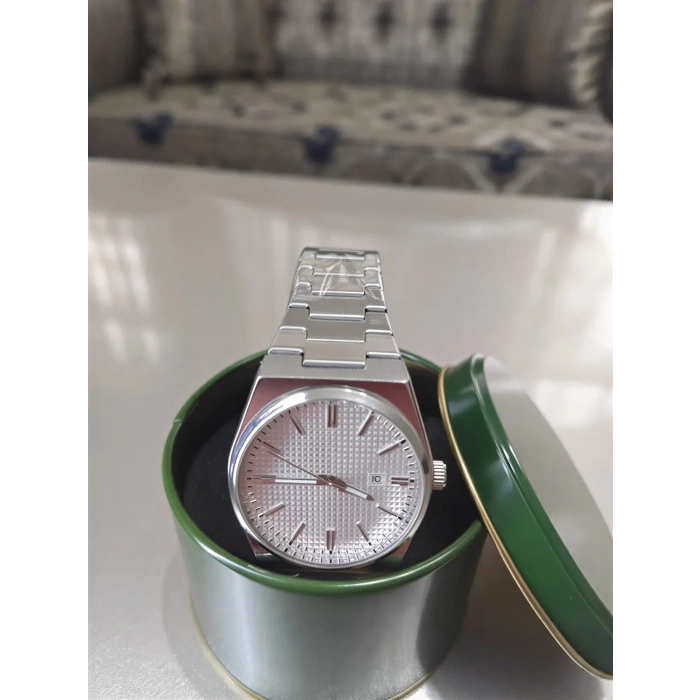 Gümüş Çelik Kordon Erkek Kol Saati Tarih Göstergeli Beyaz Kadran