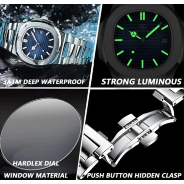 Kare Kasa Erkek Kol Saati - Gümüş renk kordon, Paslanmaz Çelik, Lacivert kadran(Eşref Tek)