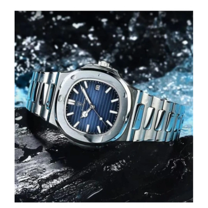 Kare Kasa Erkek Kol Saati - Gümüş renk kordon, Paslanmaz Çelik, Lacivert kadran(Eşref Tek)