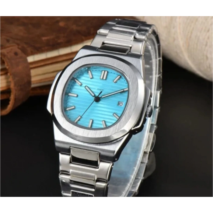 Kare Kasa Erkek Kol Saati - Gümüş renk kordon, Paslanmaz Çelik, Turkuaz kadran(Eşref Tek)
