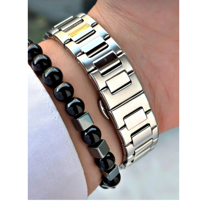 Kare Kasa Erkek Kol Saati - Gümüş renk kordon, Paslanmaz Çelik, Yeşil kadran(Eşref Tek)