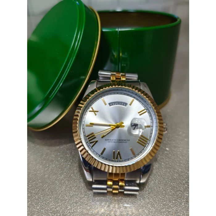 Şık Tasarım | Çelik & Altın Tonlu Kordon | Takvim & Gün Göstergesi - Erkek Kol Saati