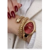Kadın Bileklik Saat Altın Renk Örgü Kordon – Bordo Kadran Oval Kasa Şık Kadın Saati