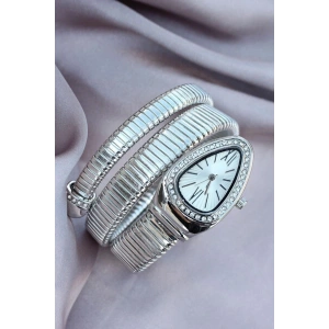 Gümüş Renk Beyaz Kadran Yılan Saat Dolamalı Saat