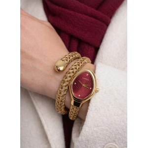 Kadın Bileklik Saat Altın Renk Örgü Kordon – Bordo Kadran Oval Kasa Şık Kadın Saati