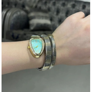 Kadın Altın & Gümüş Renk Detaylı Turkuaz Kadran Taşlı Bilezik Saat