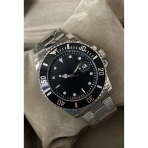 Gümüş Çelik Kordon Erkek Kol Saati Takvimli Siyah Kadran Özel kutusunda