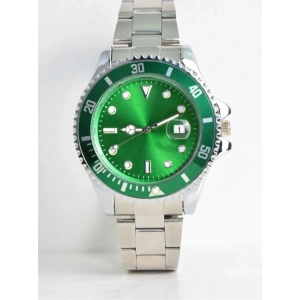 Gümüş Çelik Kordon Erkek Kol Saati Takvimli Yeşil Kadran Özel Kutusunda