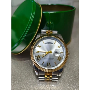 Şık Tasarım | Çelik & Altın Tonlu Kordon | Takvim & Gün Göstergesi - Erkek Kol Saati