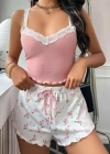 Kadın Çiçek Desenli Dantel Askılı Şortlu Pijama Takımı 5200