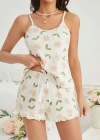 Kadın Ekru Çiçek Baskılı Şortlu Gecelik Pijama Takımı 5047
