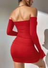 Kadın Kırmızı Dalgıç Kumaş İspanyol Kol Fantezi Elbise 5151