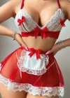 Kadın Kırmızı Fiyonklu Etekli Seksi Hizmetçi Kostümü 2125