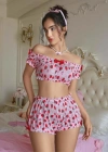 Kadın Pembe Çilek Desenli Fantezi Şort takım 2156