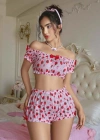 Kadın Pembe Çilek Desenli Fantezi Şort takım 2156