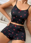 Kadın Siyah Çilek Desenli Seksi Gecelik Takım 5020