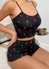 Kadın Siyah Çilek Desenli Seksi Gecelik Takım 5020