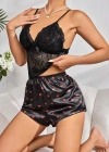 Kadın Siyah Kırmızı Kalp Desenli Saten Şort Pijama Takımı 2232