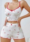 Kadın Vişne Desenli Dantel Askılı Şortlu Pijama Takımı 5193