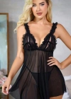 Siyah Kadın Fantezi Gecelik Tül Askı ve Göğüs Fırfır Detaylı 2110