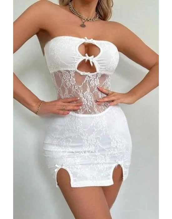 Beyaz Dantel İşlemeli Göğüs Dekolteli Seksi 5081