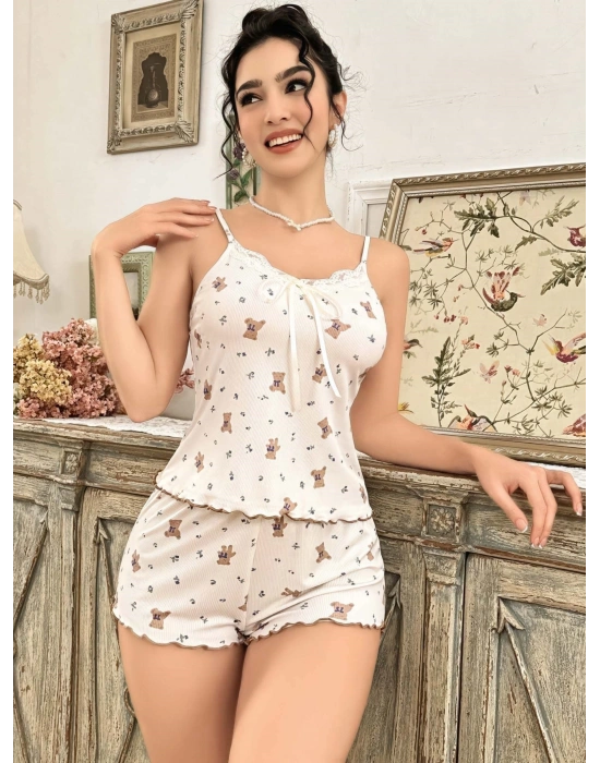 Kadın Ayıcık Desenli Şortlu Pijama Takım 5179